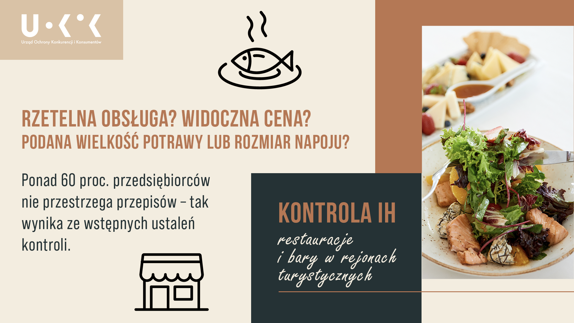 Grafika przedstawia logo UOKiK, zdjęcie potrawy oraz ikony ryby i budynku. Na środku znajduje się tekst: RZETELNA OBSŁUGA? WIDOCZNA CENA? PODANA WIELKOŚĆ POTRAWY LUB ROZMIAR NAPOJU? Ponad 60 proc. przedsiębiorców nie przestrzega przepisów – tak wynika ze wstępnych ustaleń kontroli. Kontrola IH restauracje i bary w rejonach turystycznych